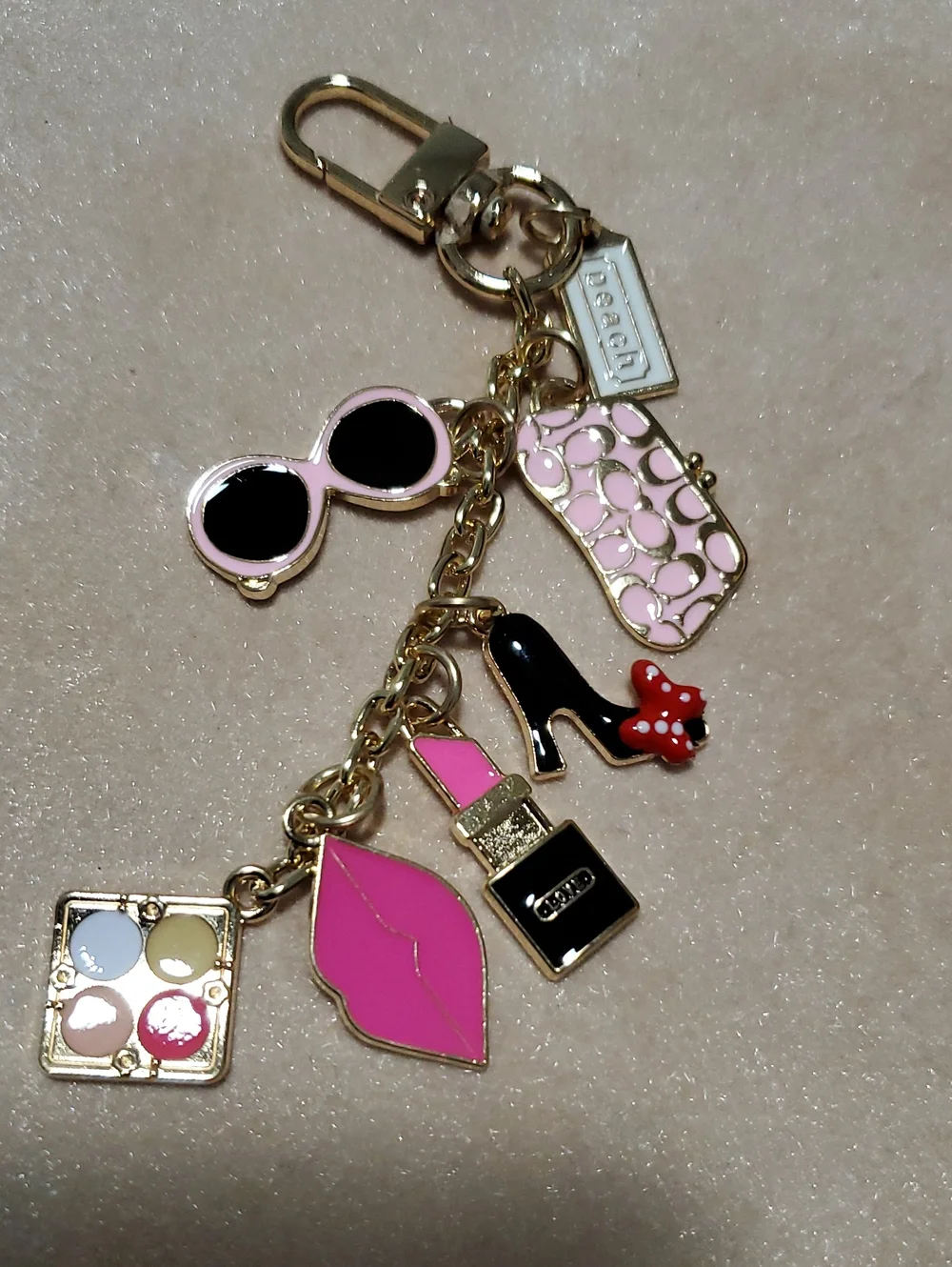Source Unknown Gold-Tone Charm Keychain with Pink, Black & Red Accents